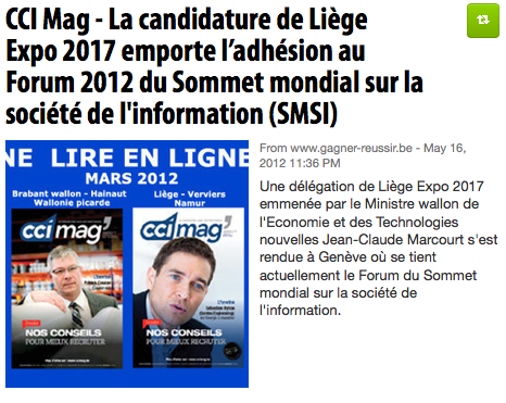 La candidature de Liège Expo 2017 emporte l'adhésion au Forum 2012 du Sommet mondial sur la société de l'information (SMSI)
